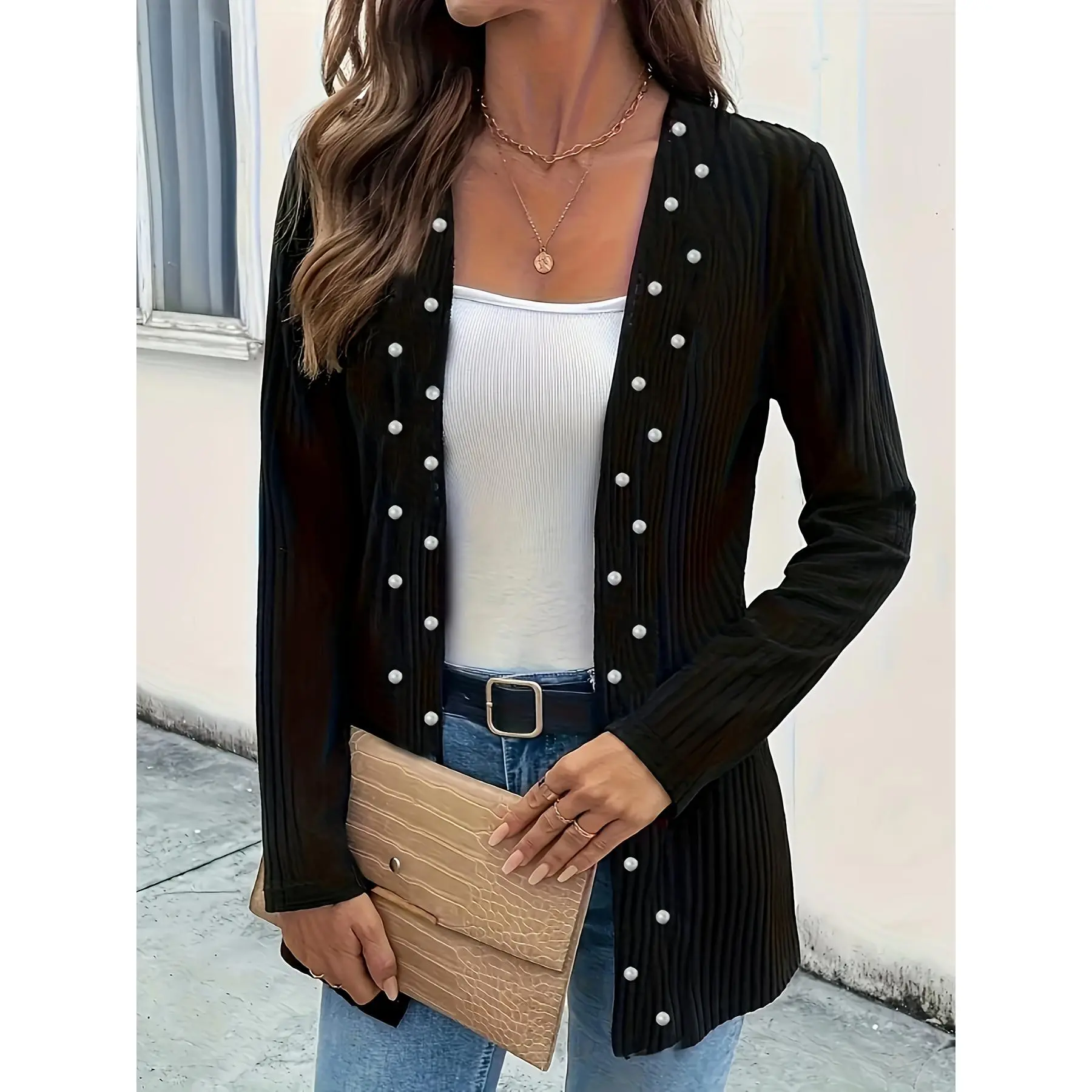 Women's Fashion Elegant Pearl Cardigan Jacket