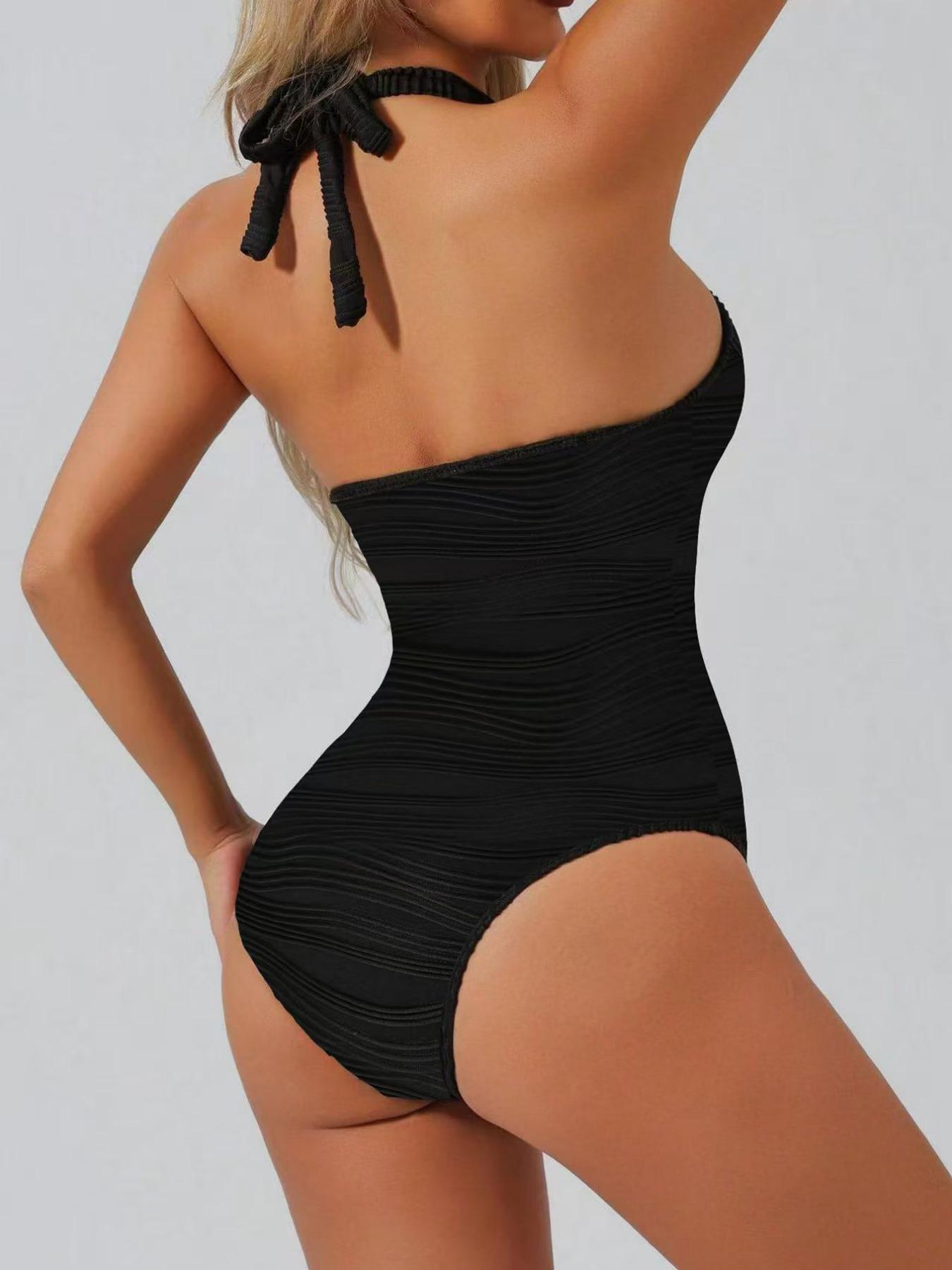 Summer New Knitted Jacquard Special Fabric One-Piece Swimsuit, Pure Color Halter Backless Beach Vacation Swimwear Halter Swimsuits for Women, Ribbed One Piece