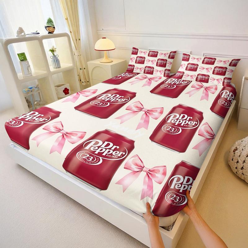3Pcs Dr Pepper Inspired Fitted Sheet Set, Cute Red Soda Can and Pink Bow Pattern on Light Beige, Soft and Durable Fabric, Perfect for Trendy Bedroom Décor and Unique Gift Ideas!, Includes 1 Fitted Sheet and 2 Pillowcases with No Pillow Core