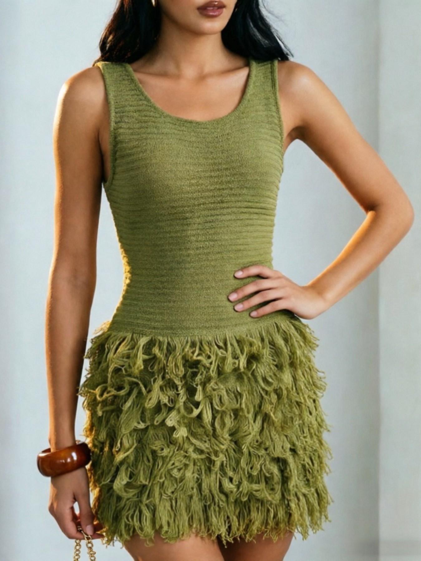Elegant Knitted Bodycon Dress, Summer Vacation Fringe Skirt, Slim Fit Sleeveless Knit Vest Dress, Solid Round Neck Sweater Dress, Spring & Summer Women's Clothing Elegant Knitted Bodycon Dress, Summer Vacation Fringe Skirt, Slim Fit Sleeveless Knit Vest Dress, Solid Round Neck Sweater Dress, Spring & Summer Women's Clothing