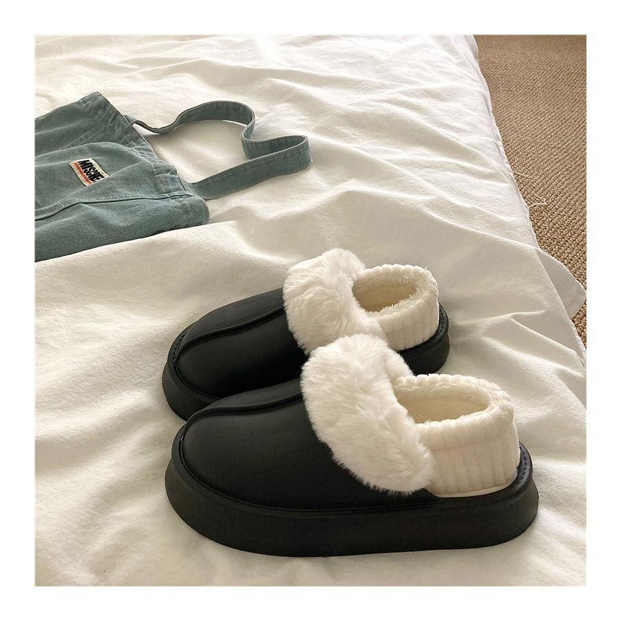 Crestar Winter Women Fuzzy Slippers New Outdoor Waterproof Cotton Shoes Warm Fluffy Home Slides Detachable Plush Cotton Slippers