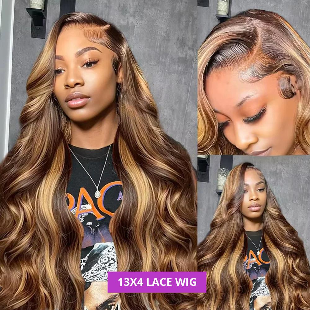 4 27 Highlight Brown Body Wave Lace Front Wig 13x4 Brown Ombre Colored Human Hair Wigs For Women Body Wave Frontal Wig Transparent Lace Frontal Hair Wigs
