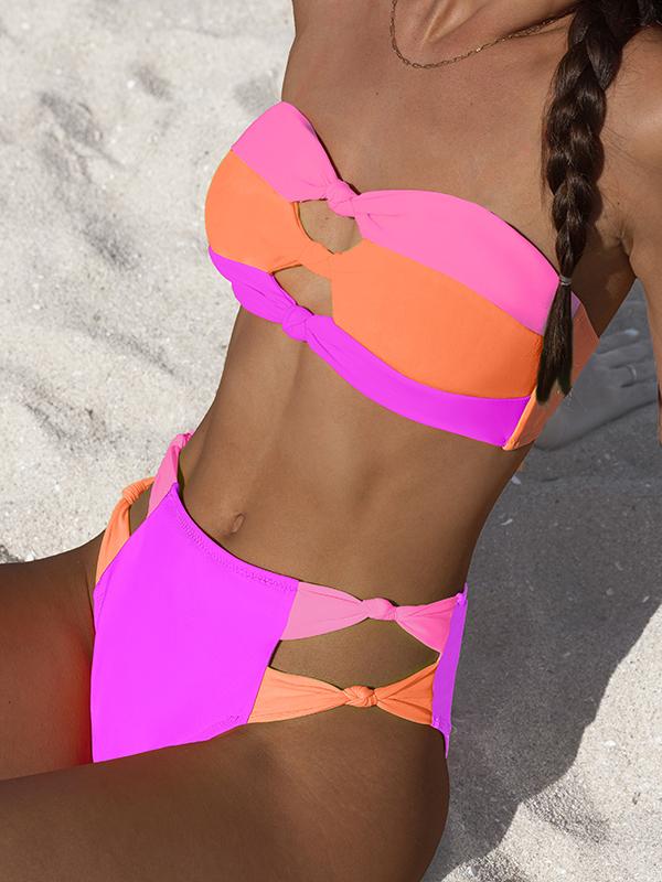 Popvil Bandeau Color Block Knot Cutout Neno Bikini Set,Tummy Control High Waisted Swimsuit with Removable Strap, Neon Bathing Suit,dealsforyoudays