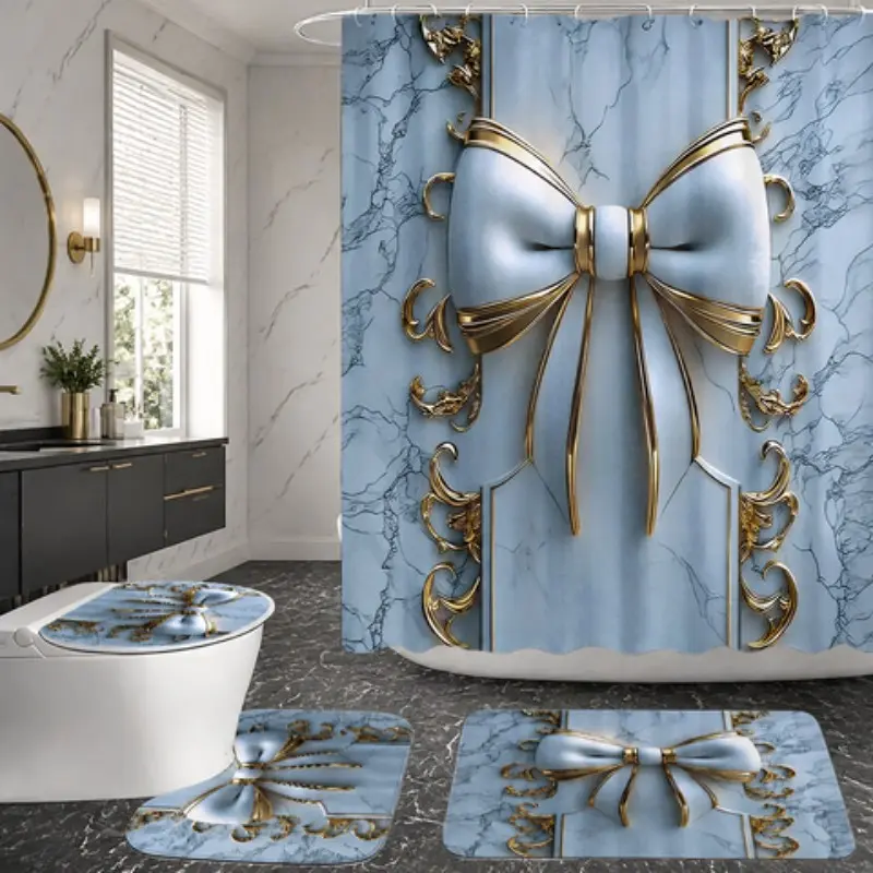 4pcs Elegant Blue Marble Golden Bow Art Bathroom Decor Set, Complete Bath Curtain & Mat Kit for Household Bath Space, Bathroom Decor And Accessories, The floor mat fabric is thicker and softer!  Festive Holiday Inspired Bathroom Decoration