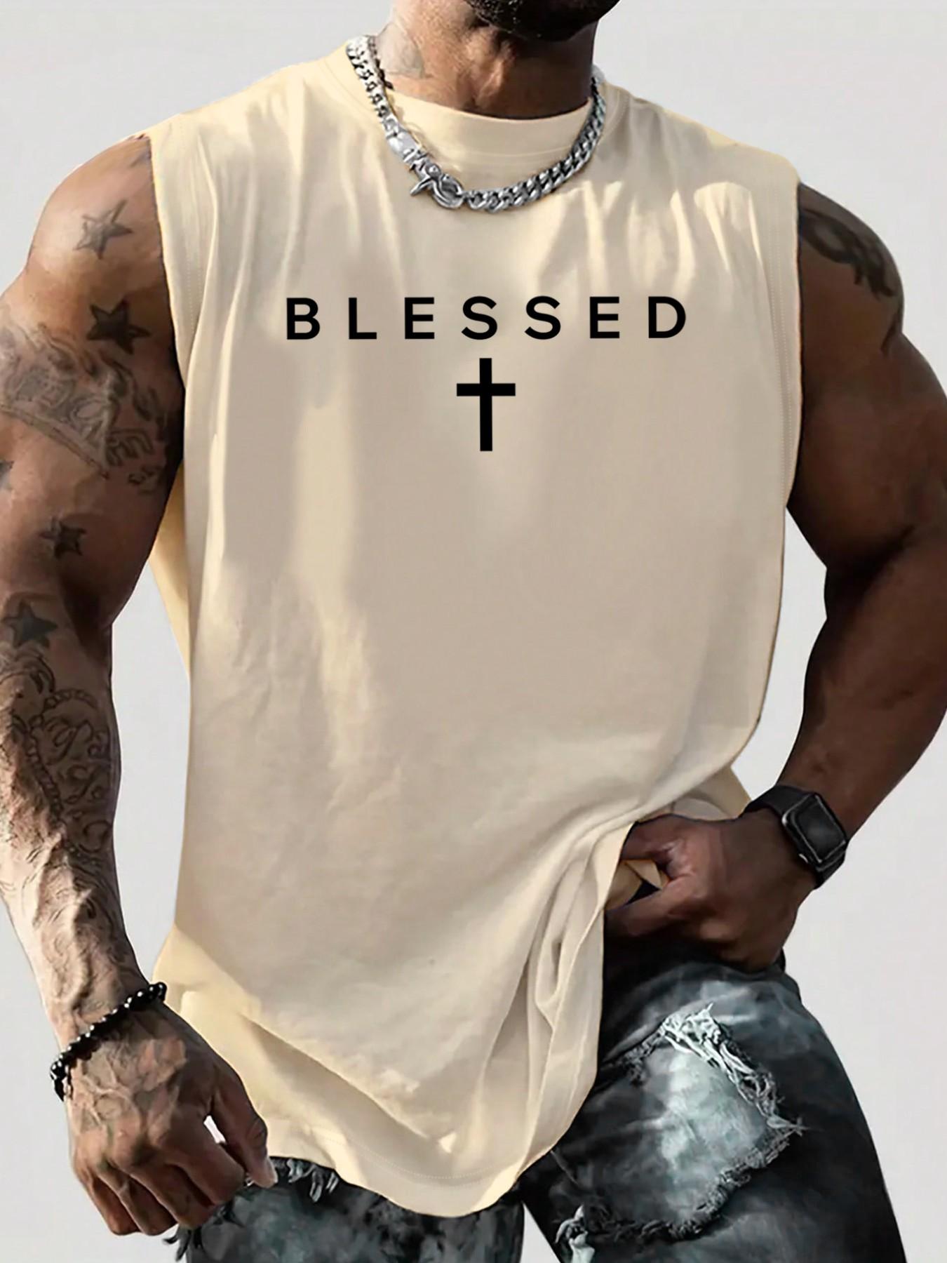 Men's "Blessed" Cross Graphic Sleeveless Tank Top, Christian Religious Style Casual Gym Vest, Streetwear Athletic Top #ChristianApparel #BlessedTee #MensGymWear #SleevelessTank #TikTokMadeMeBuyIt