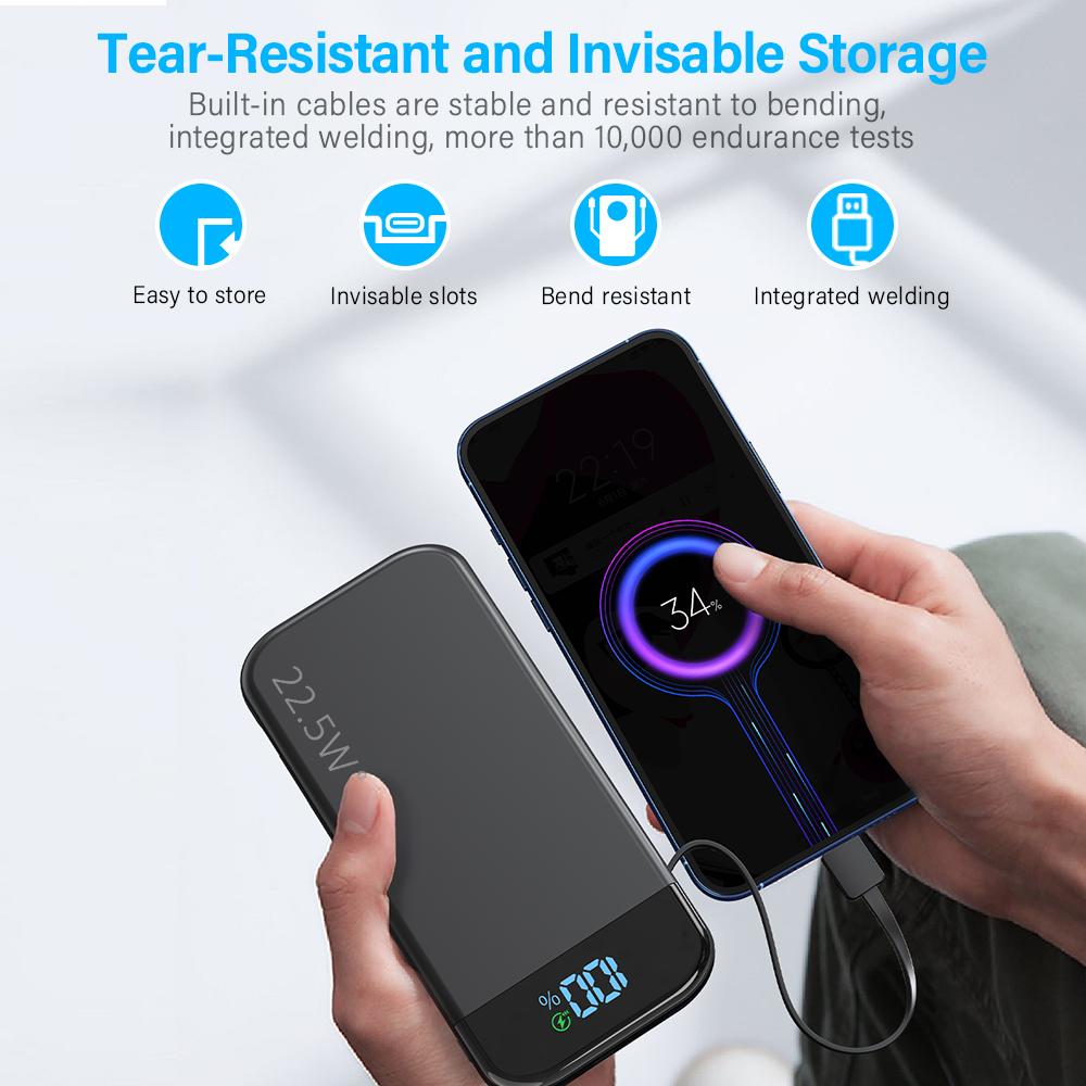 32000mAh Portable Charger with Built-in Cables, 22.5W Super Fast Charging Power Bank, Dual USB Output, 5 Outputs & 3 Inputs, 5 Outputs LCD Display Travel Battery Pack Compatible with iPhone, Samsung All Cell Phones