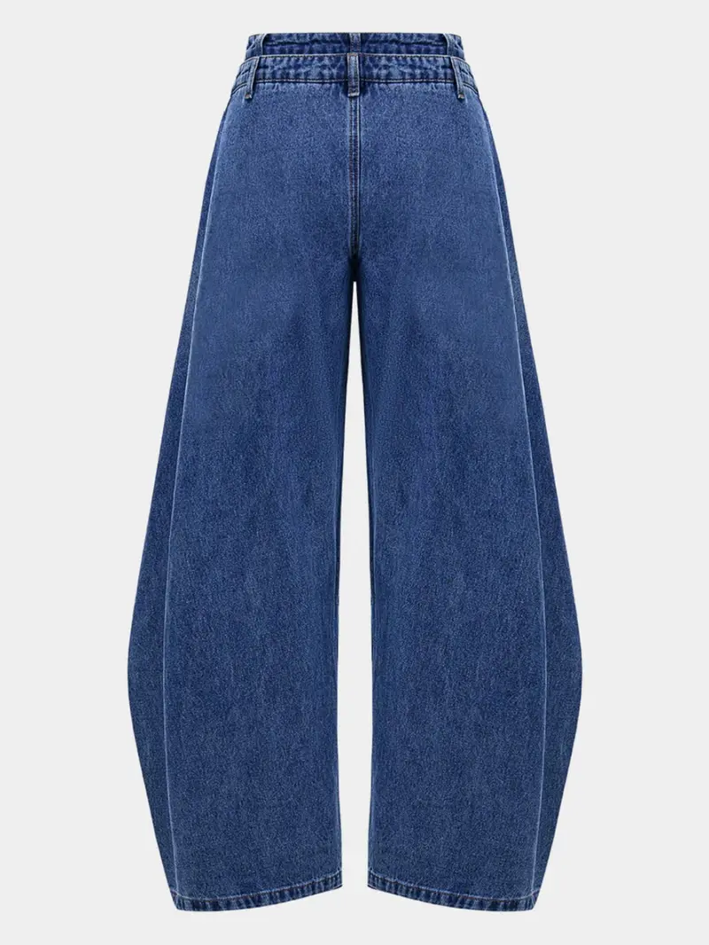 American High Street Retro Blue Women's Fashion Denim Jeans, Trendy Pleated Design, High Waist Wide Leg Pants, Loose Fit, Crossed Waistband, Versatile Style