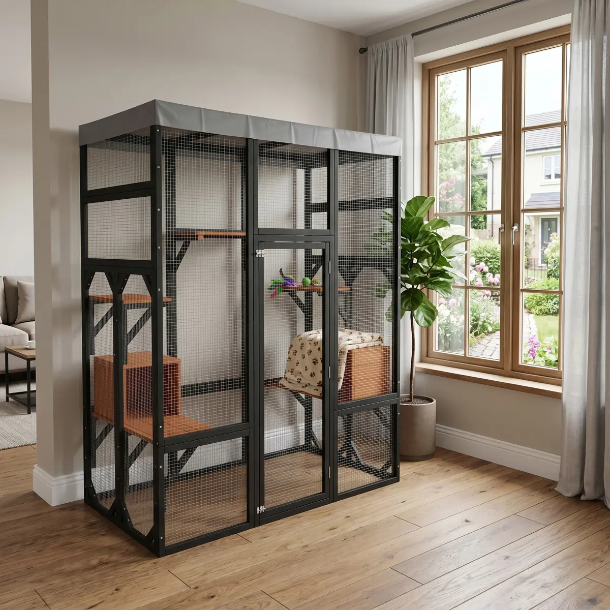 62.6" Black Wooden Catio with Galvanized Metal Wire & Waterproof Cover – Large Cat Enclosure with 2 Cozy Napping Houses, Climbing Platforms, Secure Outdoor Pet Cage for Patio