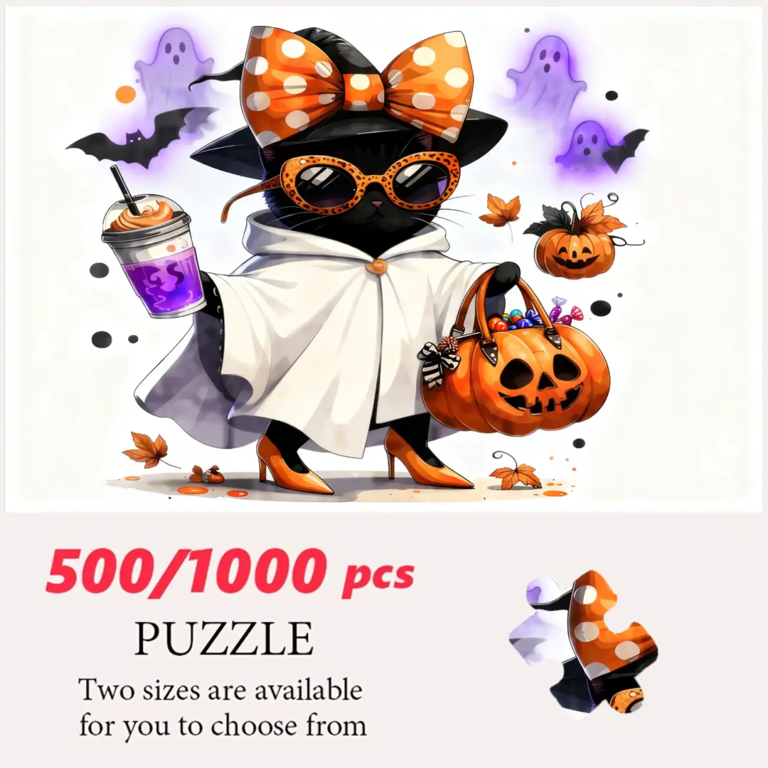 500/1000 Piece Puzzle, Premium Quality Cardboard, Adorable Halloween Cat Design For Relaxing Fun, Family And Kids Activity, Perfect Holiday Gift And Home Decor