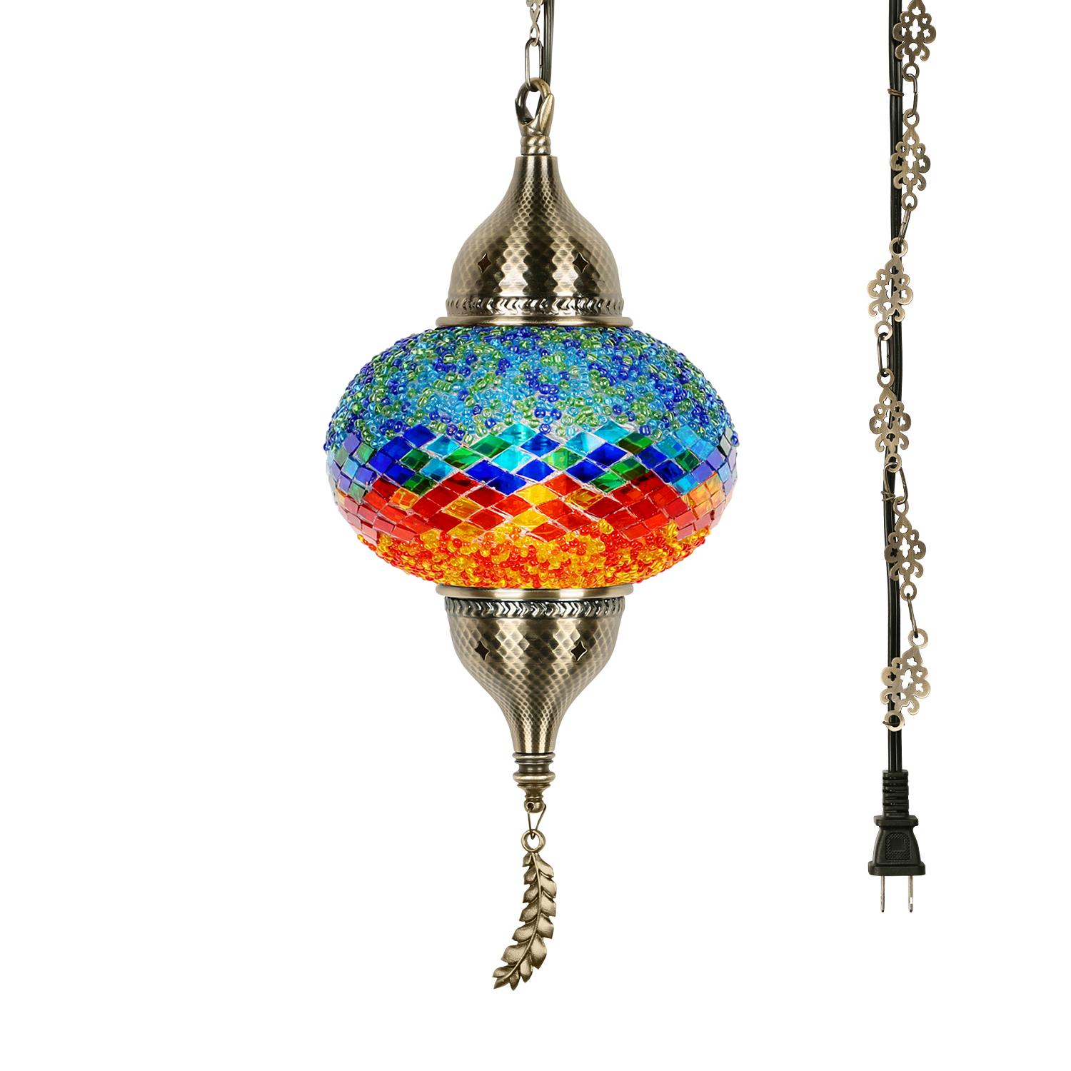 Yarra-Decor Turkish Moroccan Pendant Hanging Light with 15feet Cord Tiffany Style Mosaic Ceiling Lamp for Bedroom Blue Crystal North American Plug Decorative Lighting Home Lighting Led Lighted