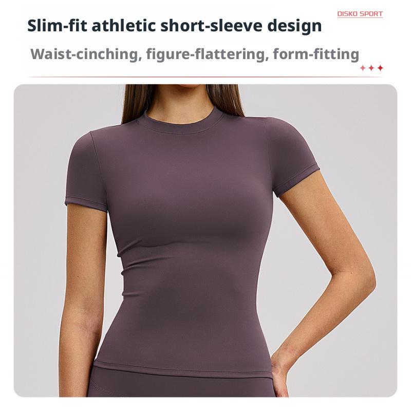 Solid color sports T-shirt, round neck, slim fit, stretchy fabric, suitable for yoga and gym workouts, women's sportswear, sporty style clothing, fitness shirt, workout top, loose-fitting gym shirt