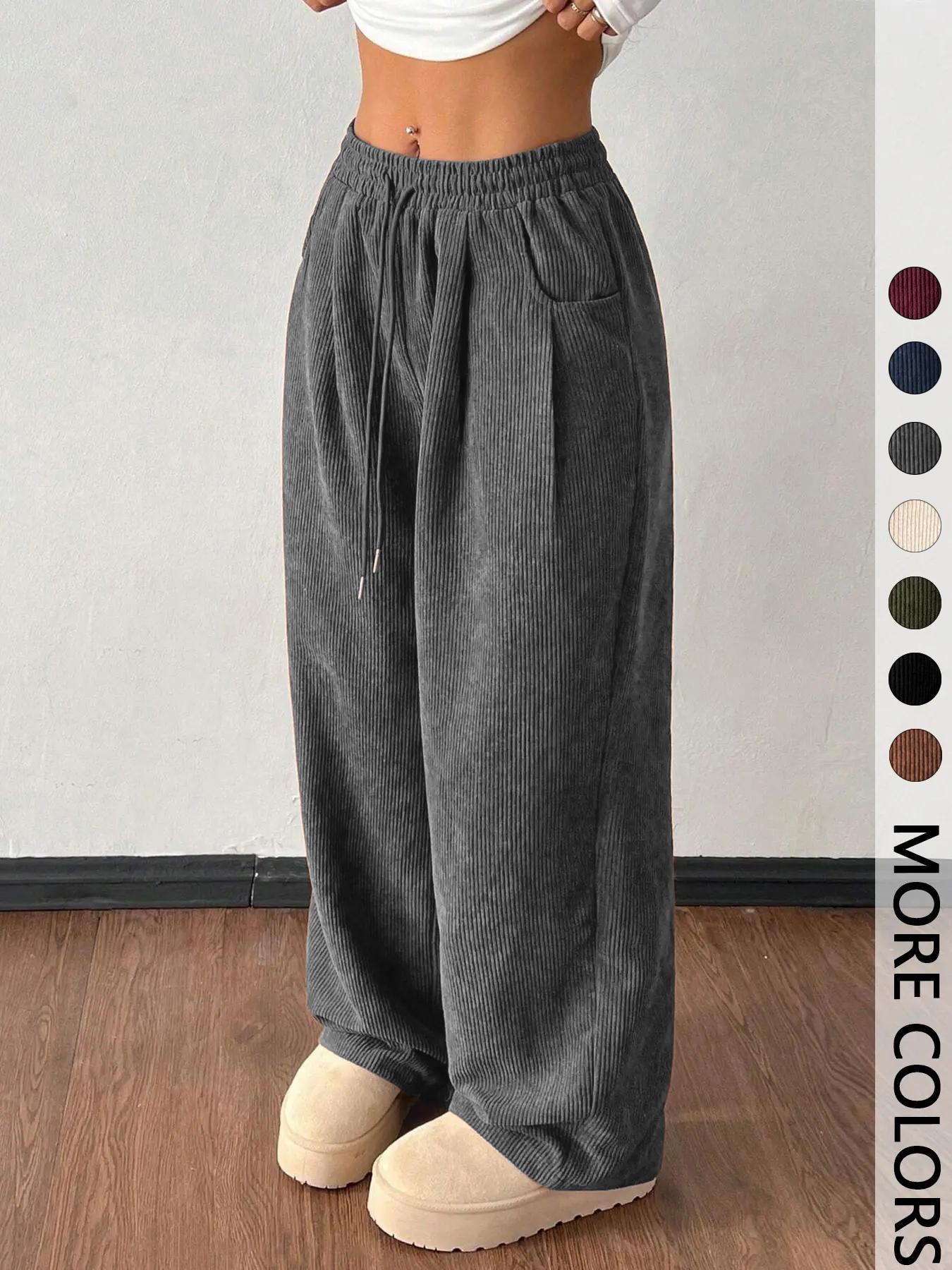 Women's Vintage Loose-Fitting Solid Corduroy Drawstring Pants, Casual All-Season Straight Leg Trousers for Autumn & Winter Valentine's Day
