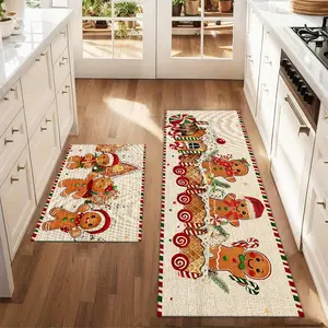 2Pcs Christmas Gingerbread Man Floor Mat Set Farmhouse Kitchen Runner Rug Dining Room Flooring Laundry Room Decor Carpet Mat