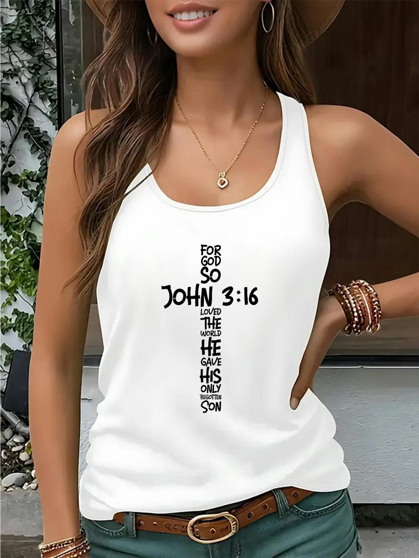 Women's Christian Faith Sleeveless Tank Top - John 3:16 Bible Verse Print, Soft Breathable Polyester-Rayon Fabric, Round Neck, Machine Washable Lady Streetwear for Church, Outdoor & Summer Casual Attire,summervibes Women's Christian Faith Sleeveless Tank Top - John 3:16 Bible Verse Print, Soft Breathable Polyester-Rayon Fabric, Round Neck, Machine Washable Lady Streetwear for Church, Outdoor & Summer Casual Attire,summervibes