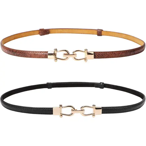 JASGOOD Women Leather Skinny Belt Thin Waist Belts for Dresses up to 37 Inches 2 Pack with Golden Buckle