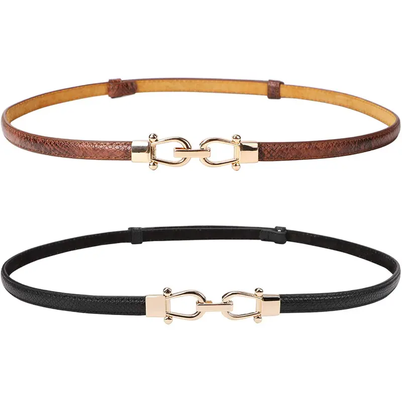 JASGOOD Women Leather Skinny Belt Thin Waist Belts for Dresses up to 37 Inches 2 Pack with Golden Buckle