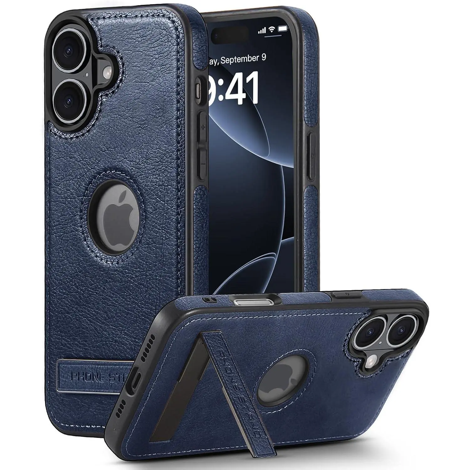 Leather Case for iPhone 16 Case, Protective Slim with Kickstand Shockproof Phone Cases, Built-in Invisible Stand Compatible with iPhone 16 6.1'' (Blue, for iPhone 16)
