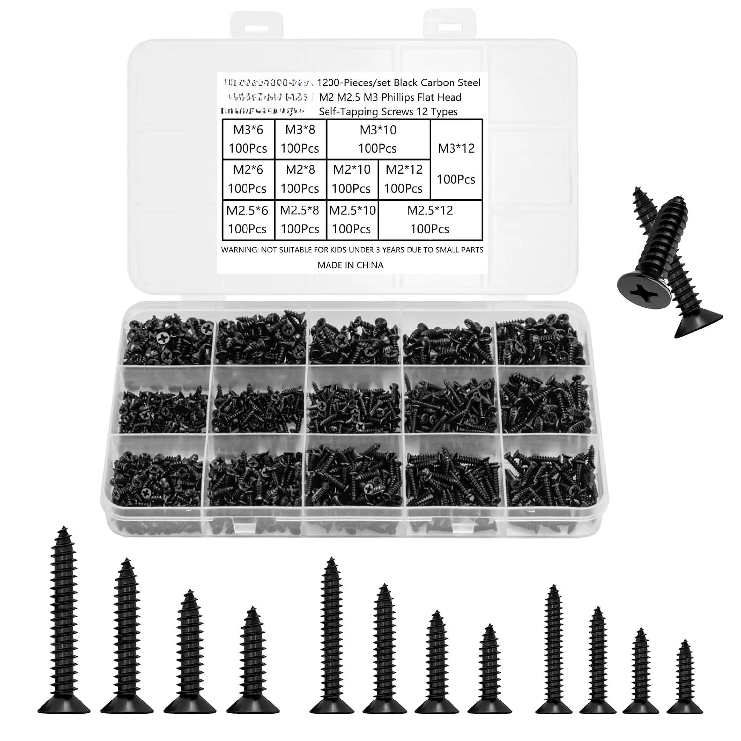 1200 count Black  Self Tapping Screws for , Plastic and Soft Metal. Phillips Flat  M2 M2.5 M3 Small Countersunk Tapper Screws Set for DIY  Woodworking Furniture Box. Carbon Steel