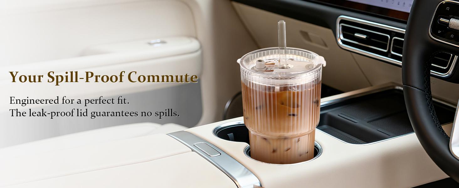 Iced Coffee Cups with Lids: Coffee Bar Accessories - Ribbed Glass Tumbler with Straw and Lid 4Pcs - 20oz Leak Proof Tumbler - Reusable Glass Cups and Tumblers with Lid and Straws for To Go Iced Coffee