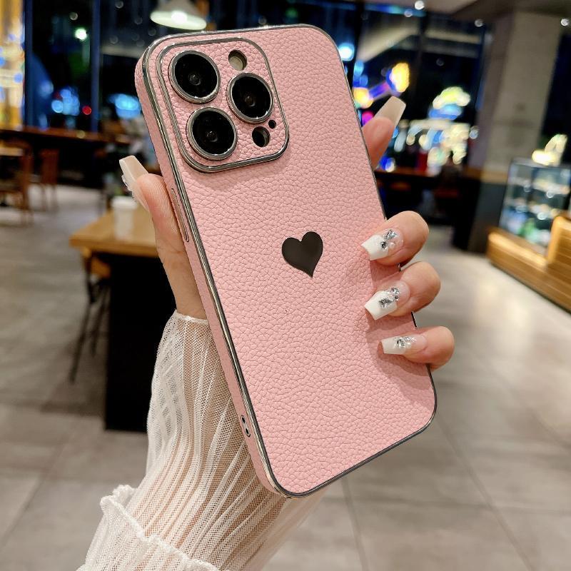 Luxury Solid Color Leather Plating Border Love Logo Phone Case For iPhone 16 Pro Max 14 11 12 13 15 Pro Max Bumper Back Cover