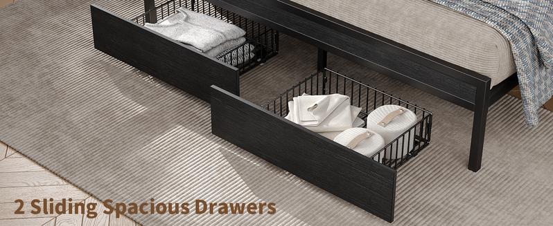 FUSOU RGB LED Headboard Bed with Charging Station, [FRAME ONLY NO MATTRESS], Upholstered Platform Bed Frame with 2 Storage Drawers, 2 USB & 2 AC Outlets, No Box Spring Needed, Black, Full Size ,Queen Size