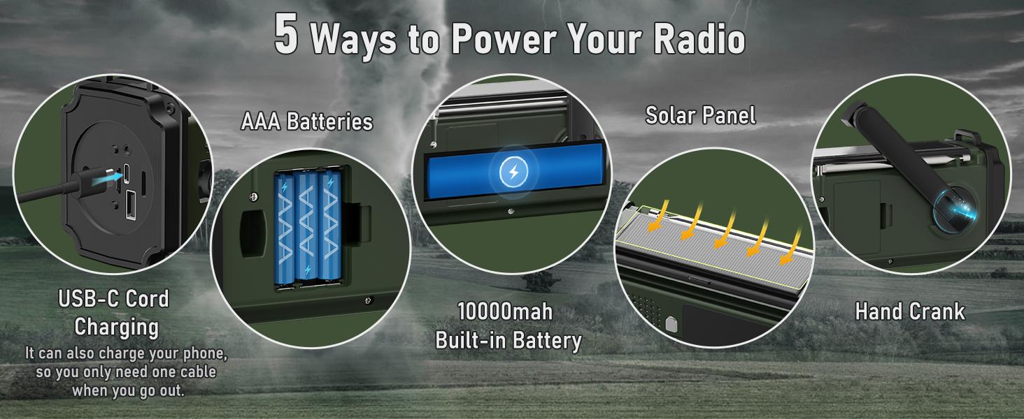 PRUNUS J-924 10000mAh/37000mWh Hand Crank Radio, AAA Batteries Powered Emergency Radio Solar, NOAA Weather Radio AM/FM/SW, USB Charging, Torch& Reading Light, SOS Alarm, Power Bank, Compass for Camping