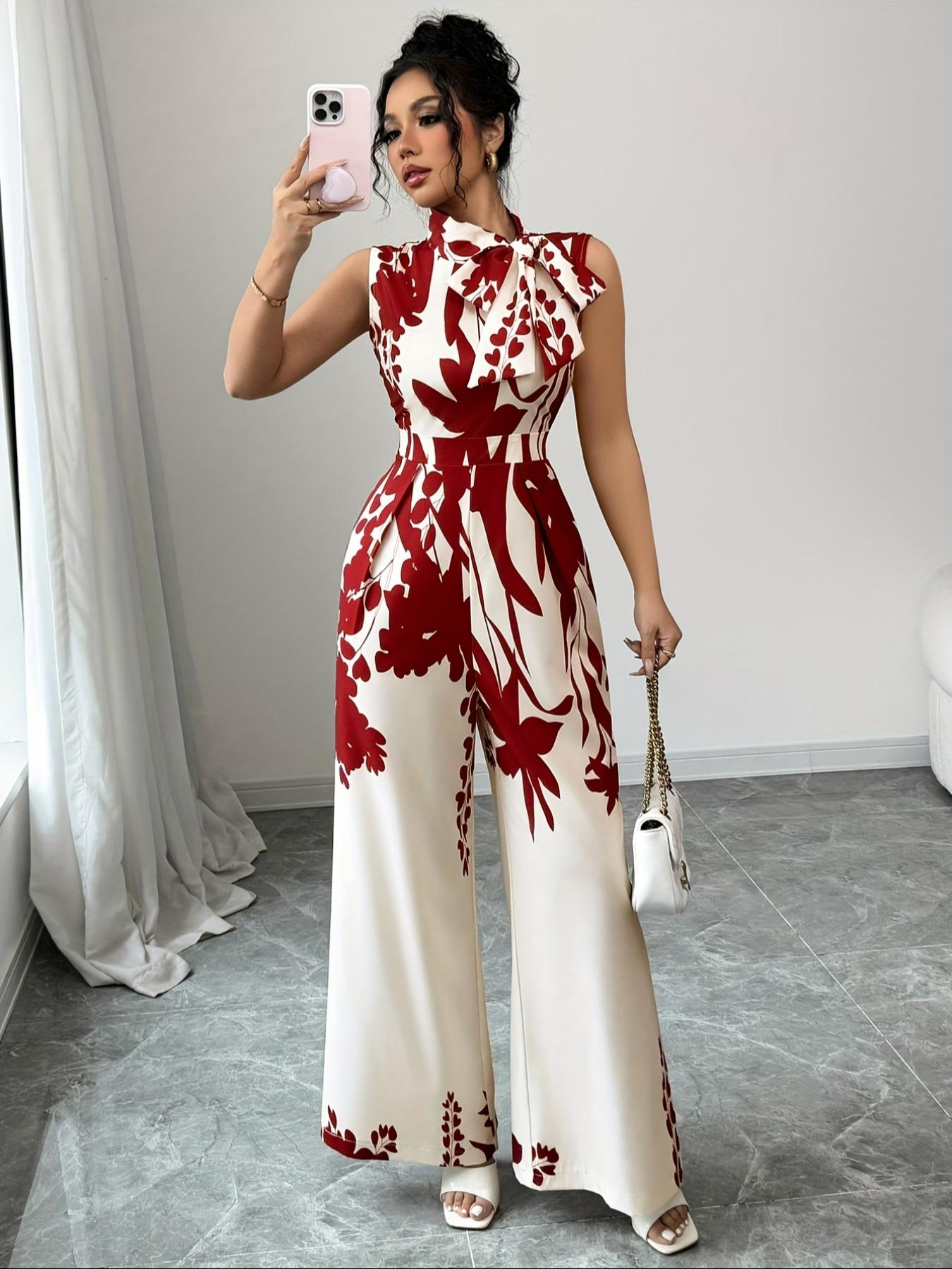 Elegant Women's Floral Print Jumpsuit, Bow Detail, High Neck Sleeveless Wide Leg, Fashion Design, All Seasons Wear, Casual Fashion Jumpsuit