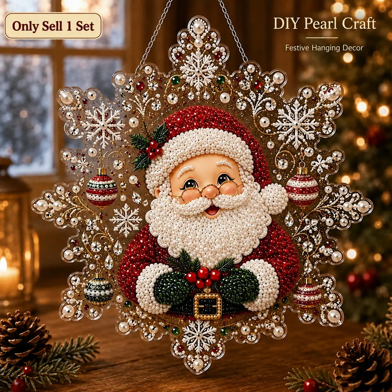 Christmas Pearl Diamond Painting Suncatcher Kit, Festive DIY Hanging Craft With Lace Edge Acrylic Board, Pre-Assembled Metal Chain and Mixed-Size Pearl Beads for Windows, Walls and Holiday Home Decor