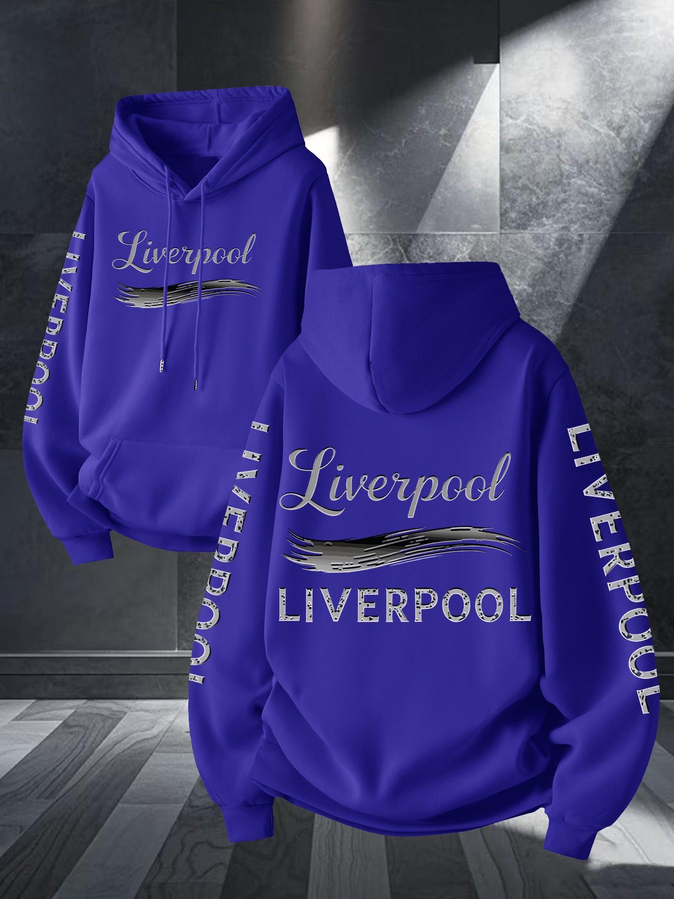 Liverpool Art Brush Print Hoodie, Unisex Long Sleeve Casual Sweatshirt, Geometric Pattern, Kangaroo Pocket, Fall & Winter Streetwear