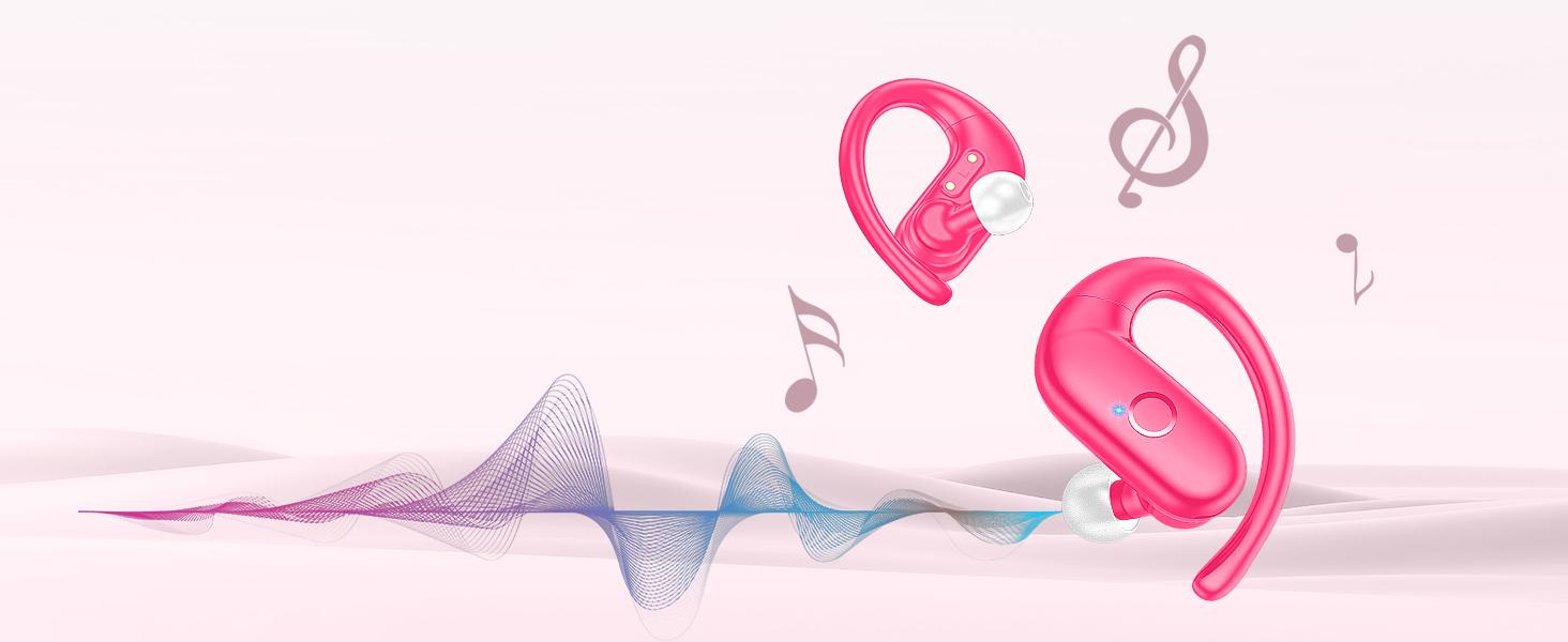 Pink Wireless Bluetooth 5.3 Earbuds with Earhooks - Hifi Audio, Deep Bass, 60 Hours Playtime, Multi-Device Compatibility, Water Resistant, Redesigned Comfort Fit for Running, Workout