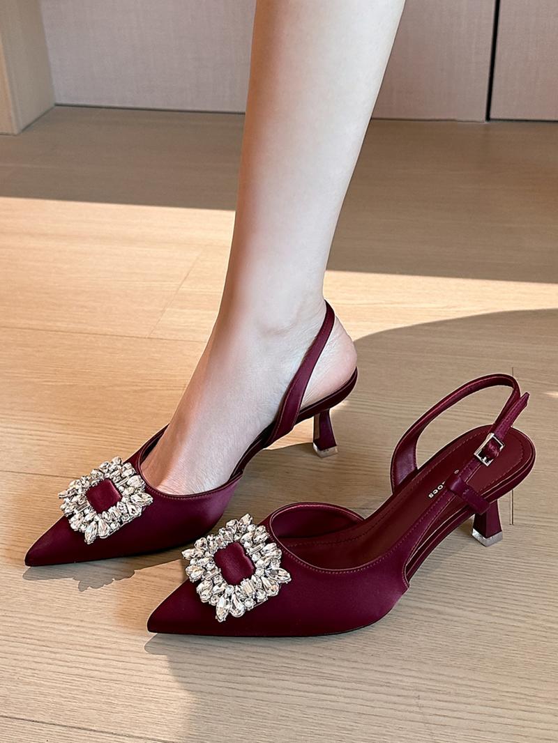 Elegant Fairy Shoes Spring New Back Buckle Pointed Toe Stiletto High Heels, French Luxury Rhinestone Commuter Wedding Pumps