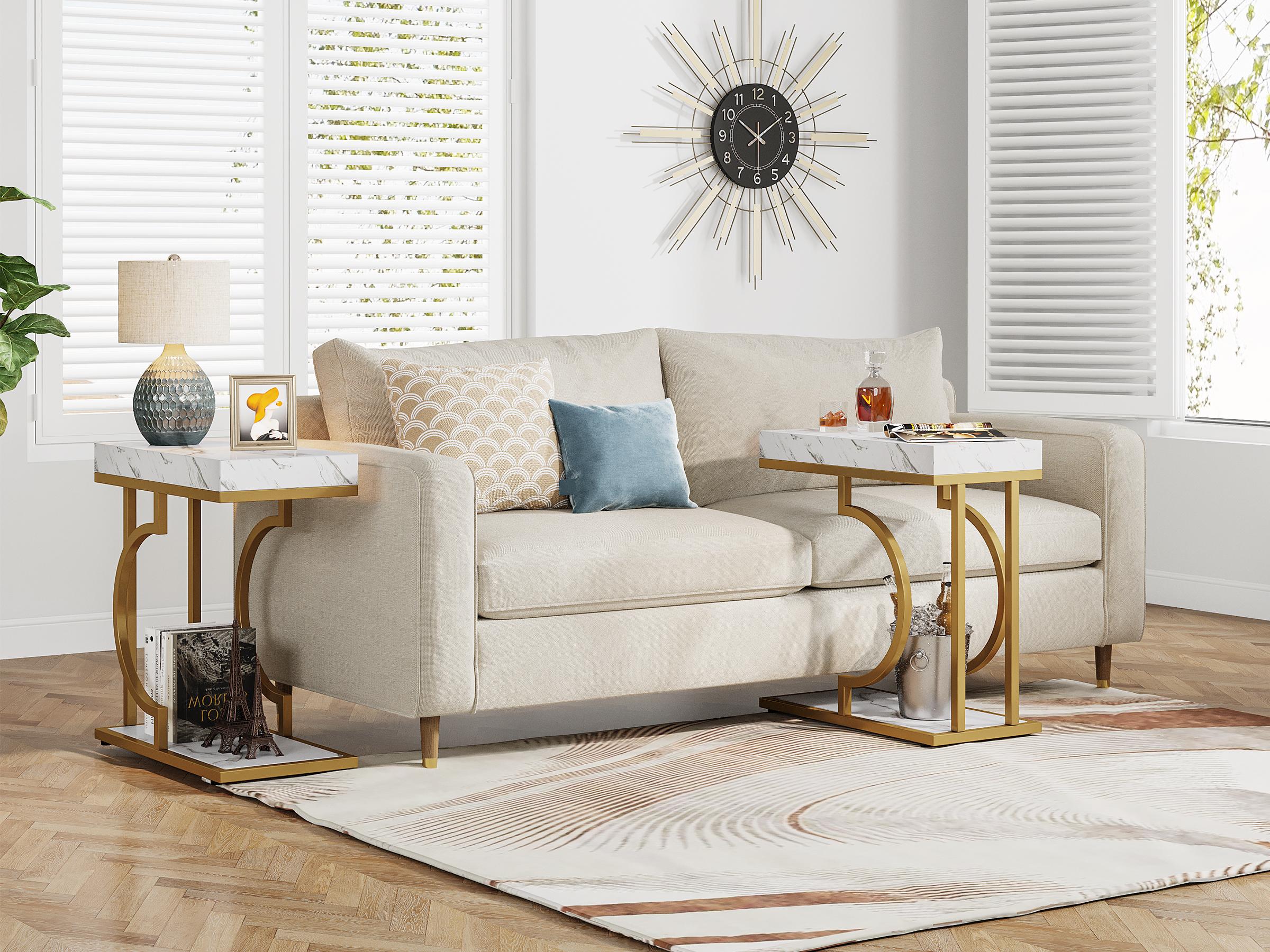 LITTLE TREE Narrow Side Table White Gold Side Table C Shaped End Table Modern Bedside Table Small Side Table for Couch, Sofa Table with Metal Frame for Living Room