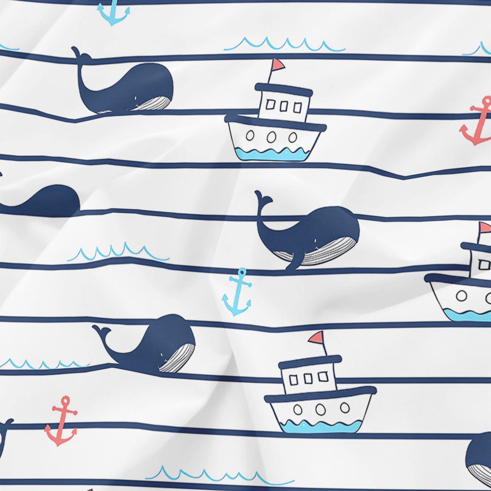 2-Piece Striped Whale Bedding Set, Racing Car Down Comforter Set, Blue and White, Bedroom Decor, Guest Room, 2D Cartoon Ocean Style, Flat Print (Includes 1 comforter cover + 1 pillowcase, no insert)