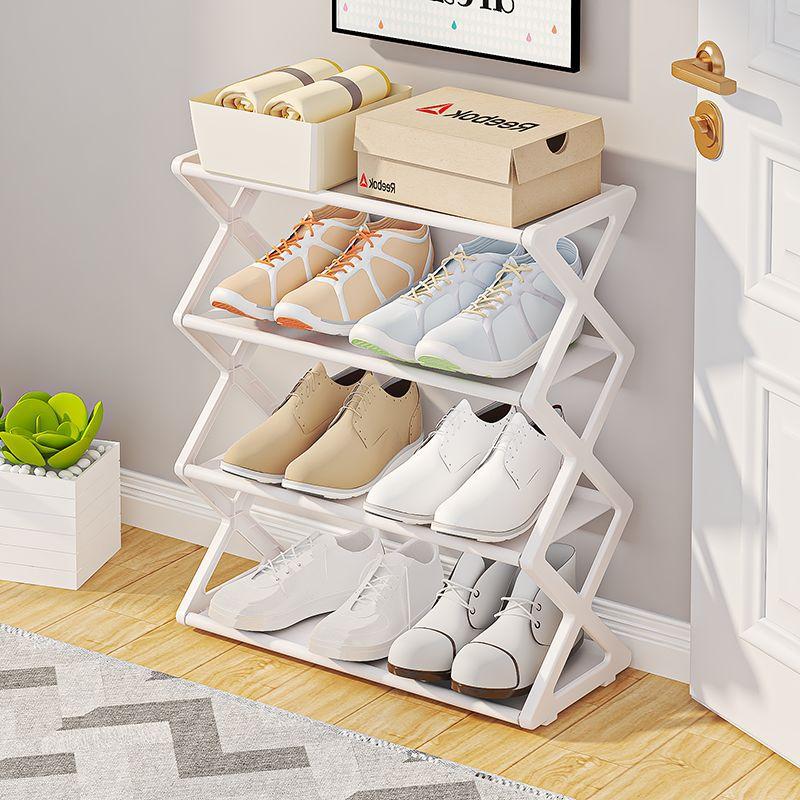 4-Tier Self-Assembly Shoe Rack, Adjustable Multi-Purpose Storage Shelf for Shoes Plants Books, Room Organizer Metal X-Shaped Stand, Shoe Organization Rack