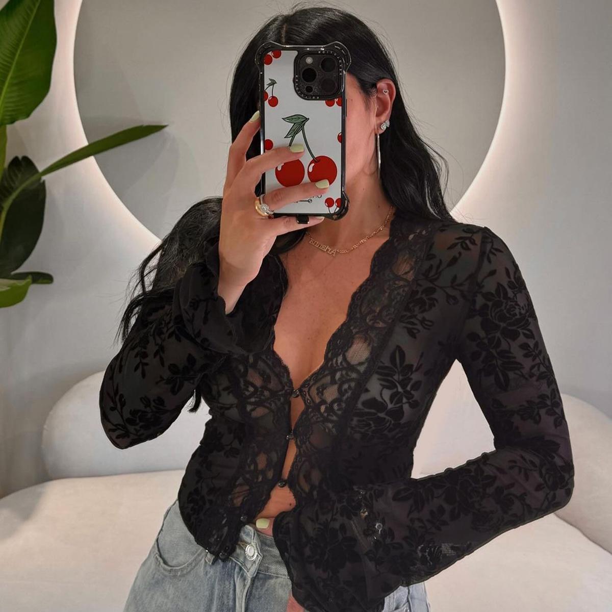 Women's Floral Pattern Sheer Mesh Crop Top, Casual Scallop Trim Flounce Sleeve V Neck Top, Ladies Clothes for Party Club, Womenswear