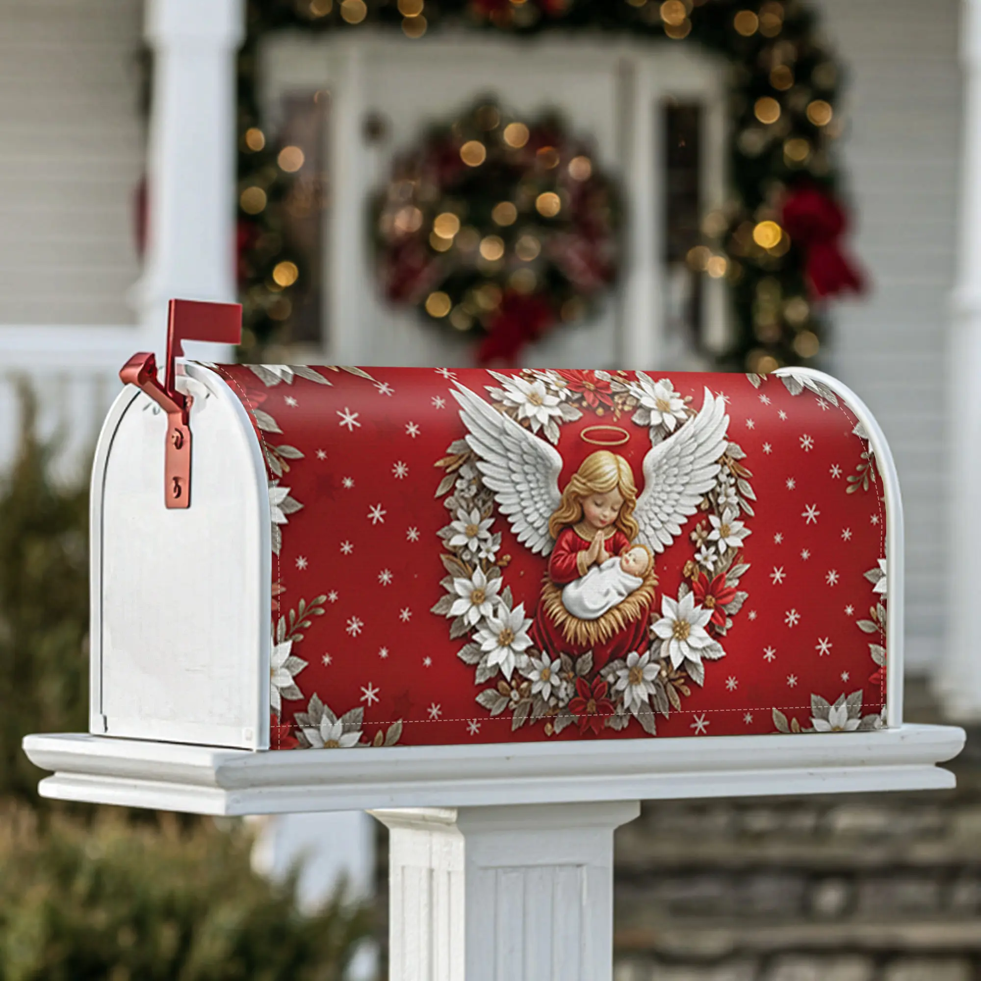 angel Magnetic Mailbox Covers, Christmas festive flowers stars Christmas red Mailbox Covers for Outside for Outside Yard Decor