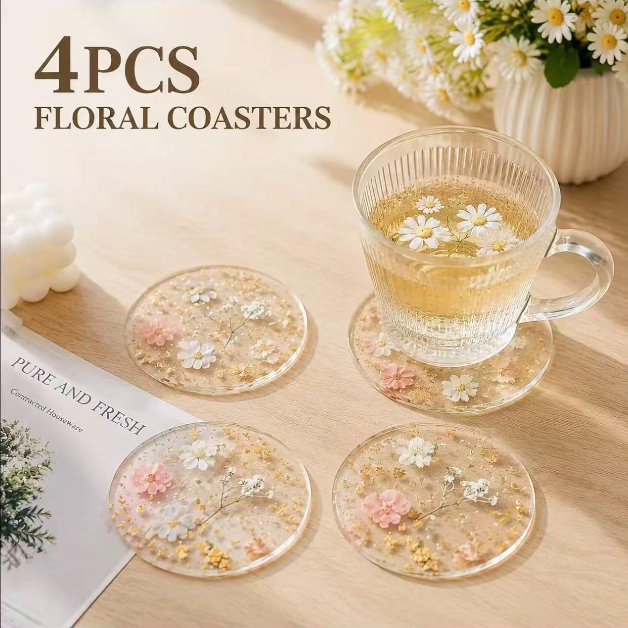 4pcs Transparent Floral Acrylic Tableware Coasters, Waterproof, Non-Slip, Heat Resistant,Home Gift, Kitchen, Office Desk, Wedding Birthday Party Decor