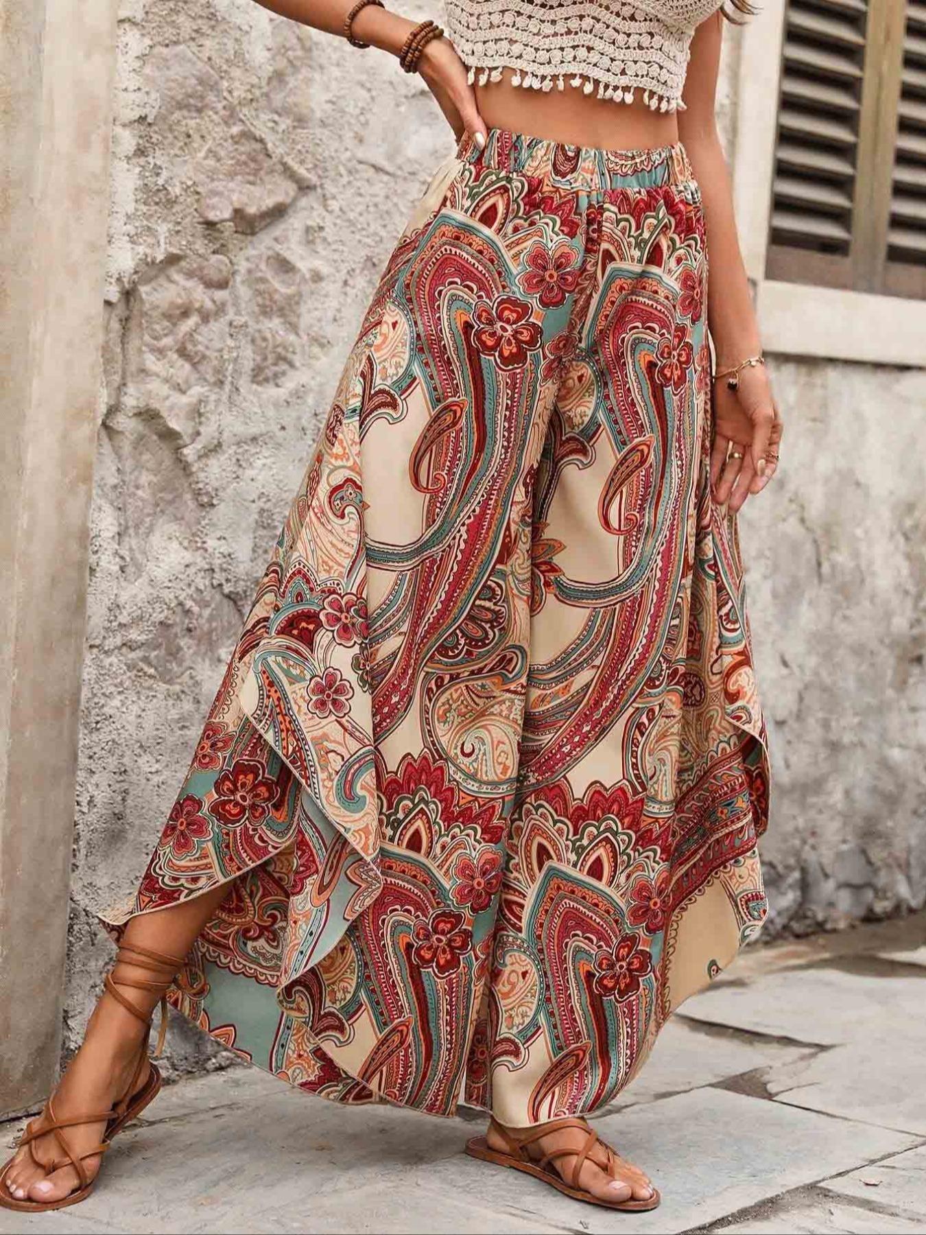 Women's Ethnic Pattern Wide Leg Pants, Boho High Waist Trousers for Daily Holiday Vacation Wear, Casual Ladies Bottoms for Spring & Fall, Bohemian Womenswear, Elastic Waisted Pants, Casual Loose Pants