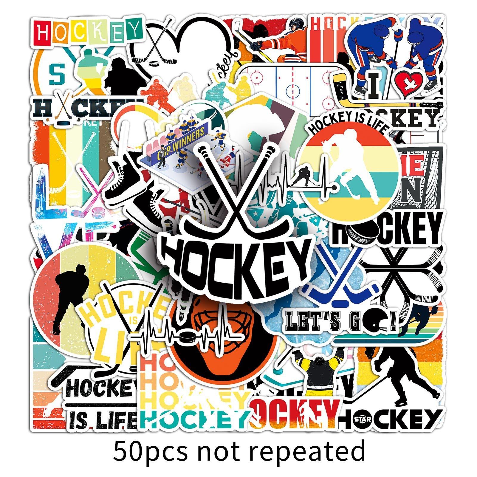 50pcs Hockey Stickers, Sports Themed Vinyl Decals, Waterproof Stickers for Water Bottle Laptop Skateboard Luggage, Hockey Player Stickers Pack for Teens Boys Sports Fans