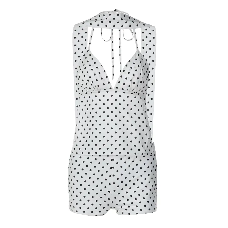 Women's 3-Piece Set, Vest Shorts Set, Polka Dot Print Sheer Tie-back Halter Cami Top & Scarf & Bodycon Shorts, V Neck Sleeveless Backless Lace-up Camisole, Summer Party Club Date Sexy Casual Outfits