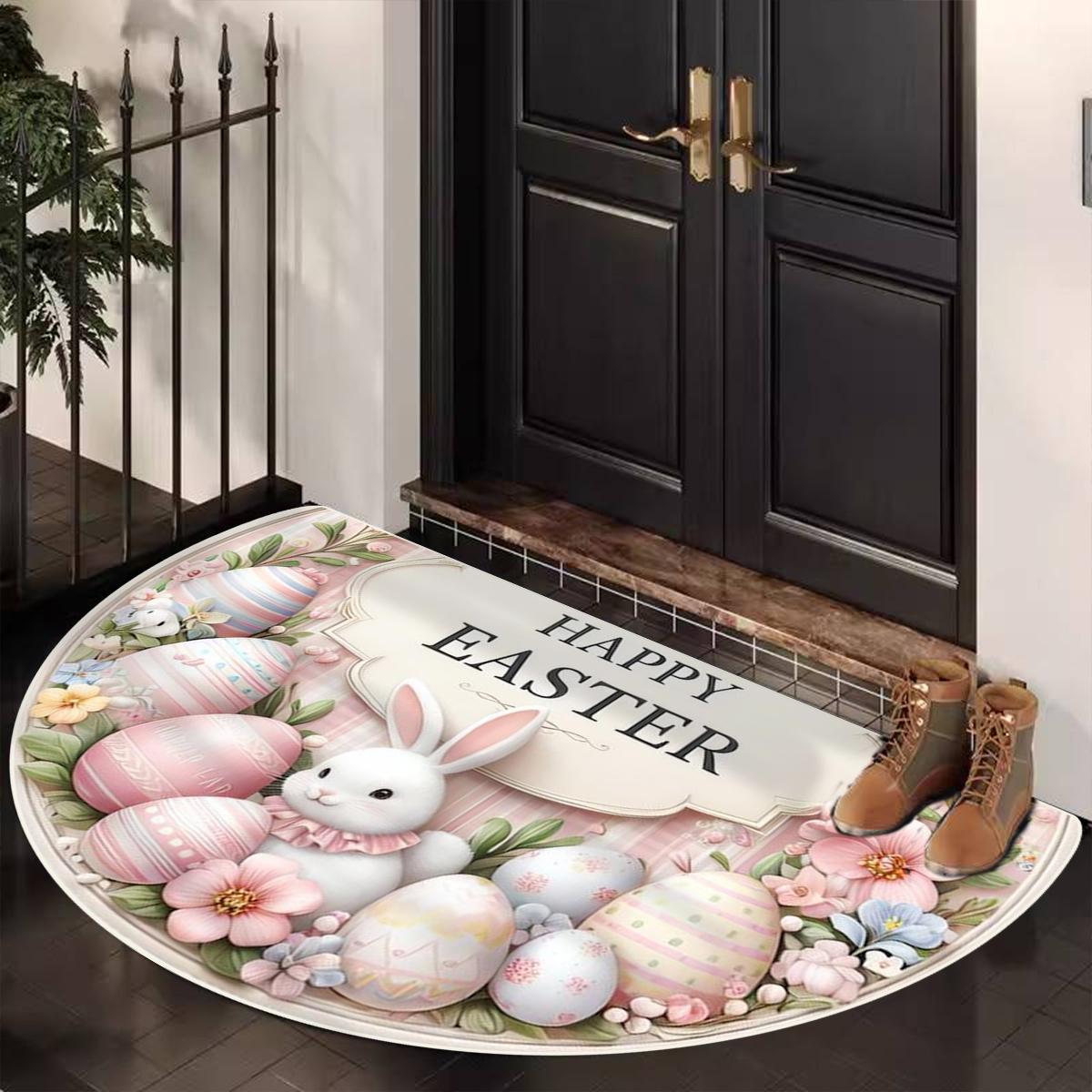 Easter Egg Bunny Pattern Half Round Door Mat, Festive Soft Bottom Durable, Indoor Outdoor Use, Living Room Kitchen Bedroom Balcony Decor, Easter Theme