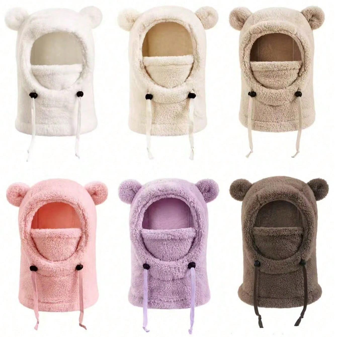 Autumn/Winter Kids Hooded Hat with Cute Bear Ears, Fleece-Lined Scarf and Mask, Unisex Children Outdoor Windproof Animal Headwear, Hooded Bonnet