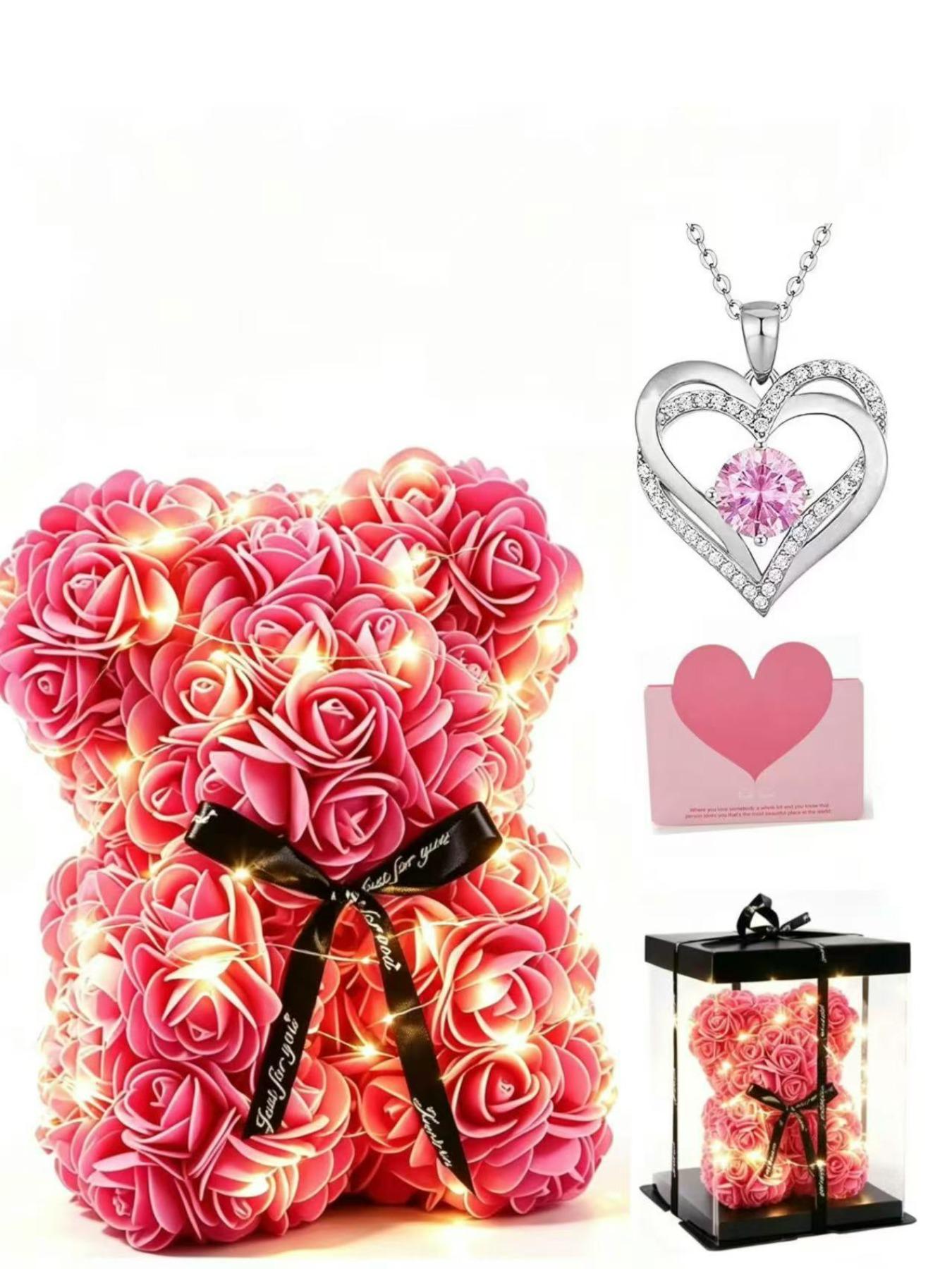 Rose Flower Bear Preserved Flower Gift Box, Valentine's Day Wedding Bouquet, Heart Stone Necklace, Romantic Gift for Girlfriend, Light