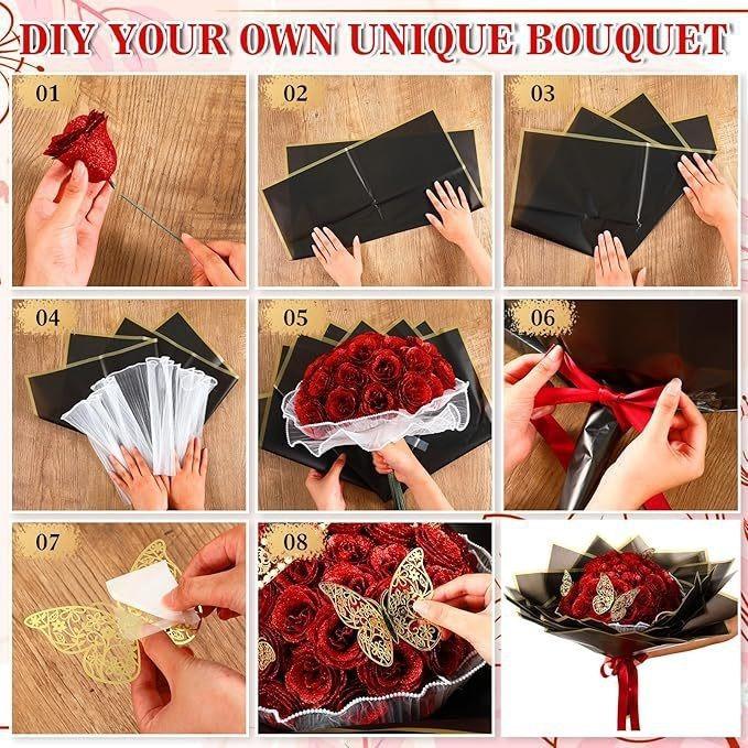 24/36 Pcs Glitter Roses Bouquet DIY Fake Flowers Set with 3D Butterflies Crown Alphabet Stickers Ribbon Mother's Day Gift for Mom Girlfriend Wife Women Valentine's Day Birthday Engagement Wedding Anniversary Graduation Gift TikTok Viral Aesthetic Craft