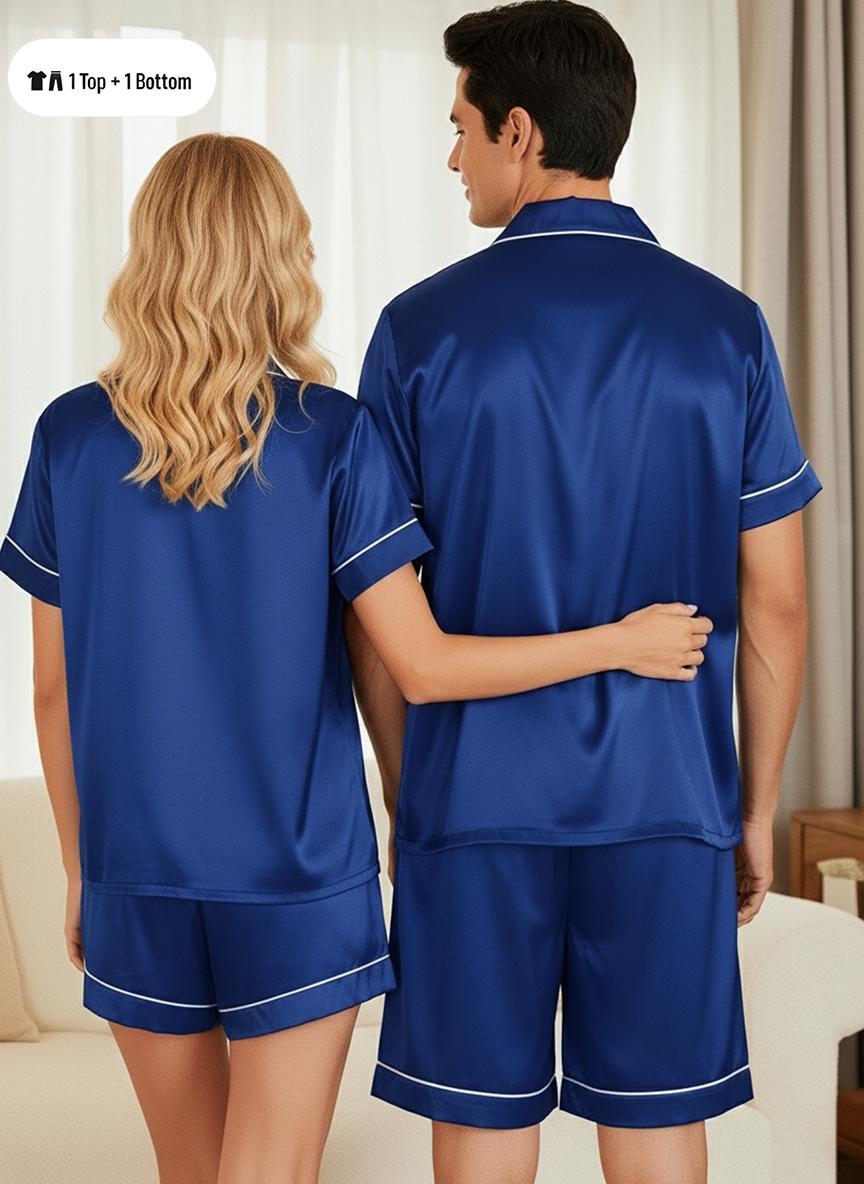 Couple Sleepwear Set, Short Sleeve Shorts, Pure Color, Comfortable Lounge Wear, Summer Ice Silk Two-Piece Set, Men's and Women's Open Front