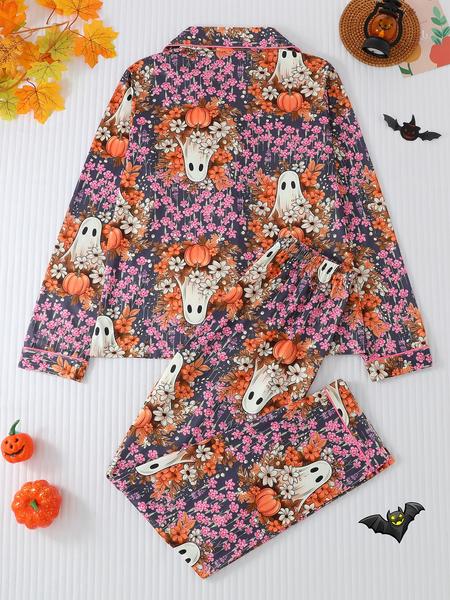 Women's Halloween Pumpkin Bat Print Pajama Set, Lapel Long Sleeve Cardigan & Elastic Waist Pants, All Seasons Sleepwear Home Wear