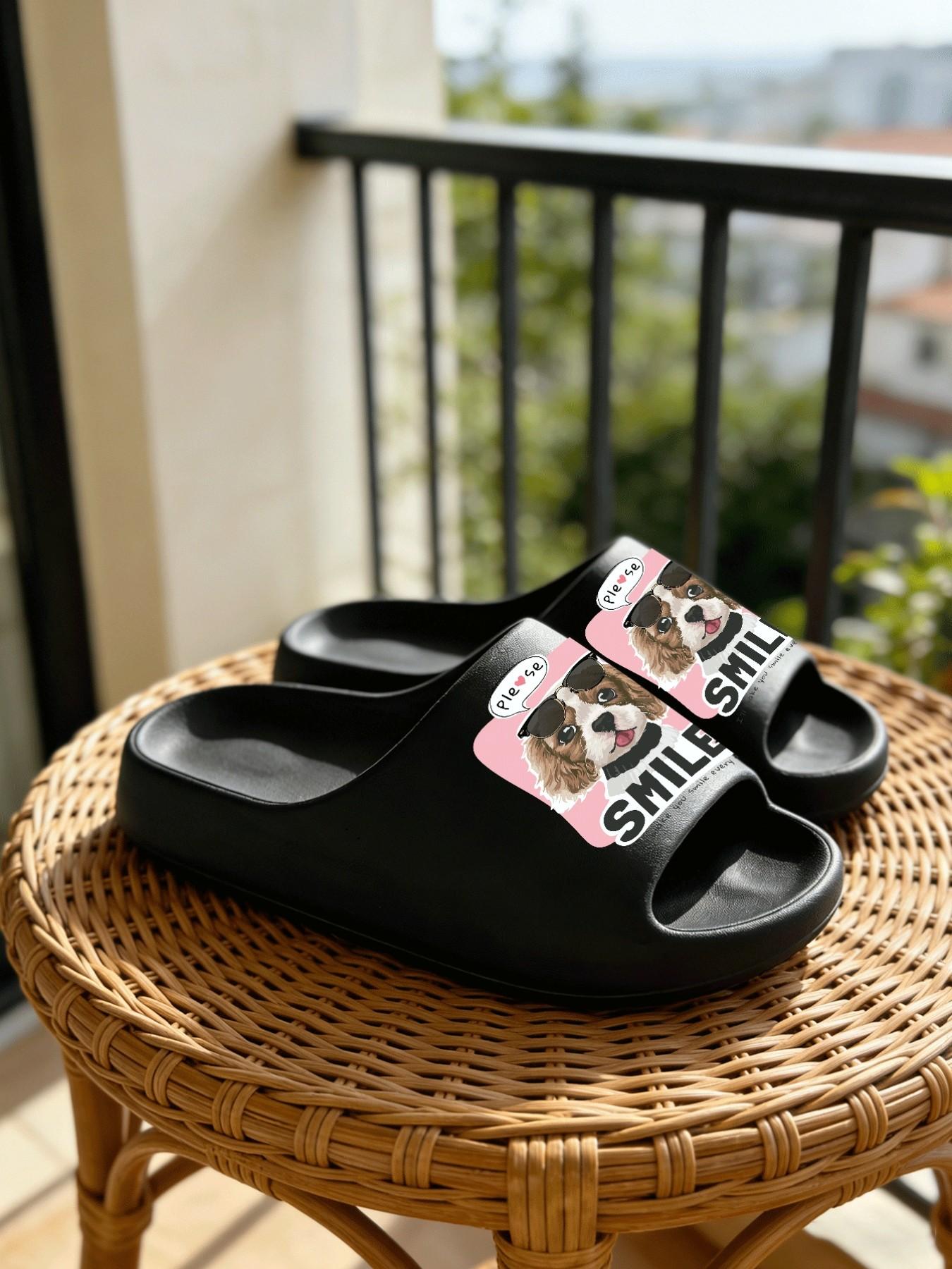 "Smile" Sunglasses Cavalier King Charles Spaniel Thick-Soled Slippers, Cute Trendy Style Cloud Cushion Non-Slip Slides, Casual Indoor & Outdoor Couple Sandals