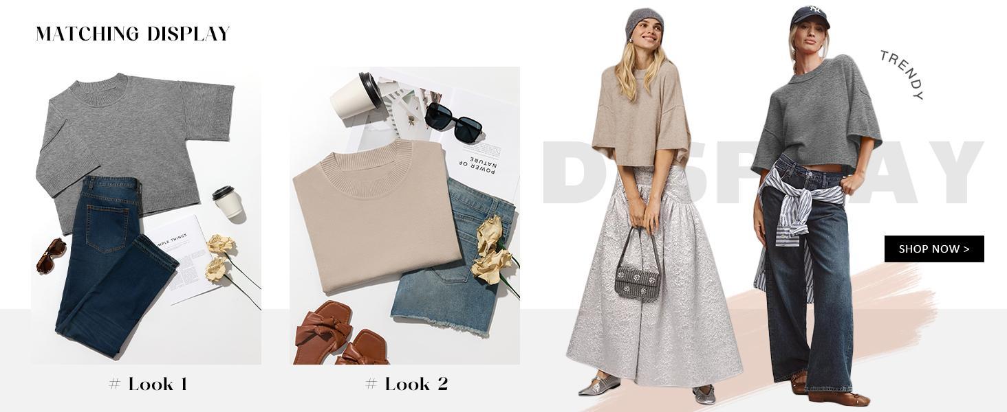 Saodimallsu Women's Short Sleeve Oversized Cropped Baggy Loose Basic Round Neck Lightweight Knit Top - Casual Women's Clothes for Summer,back to school,back to school shopping, Knitwear,clothes for back to school,first day of school outfits