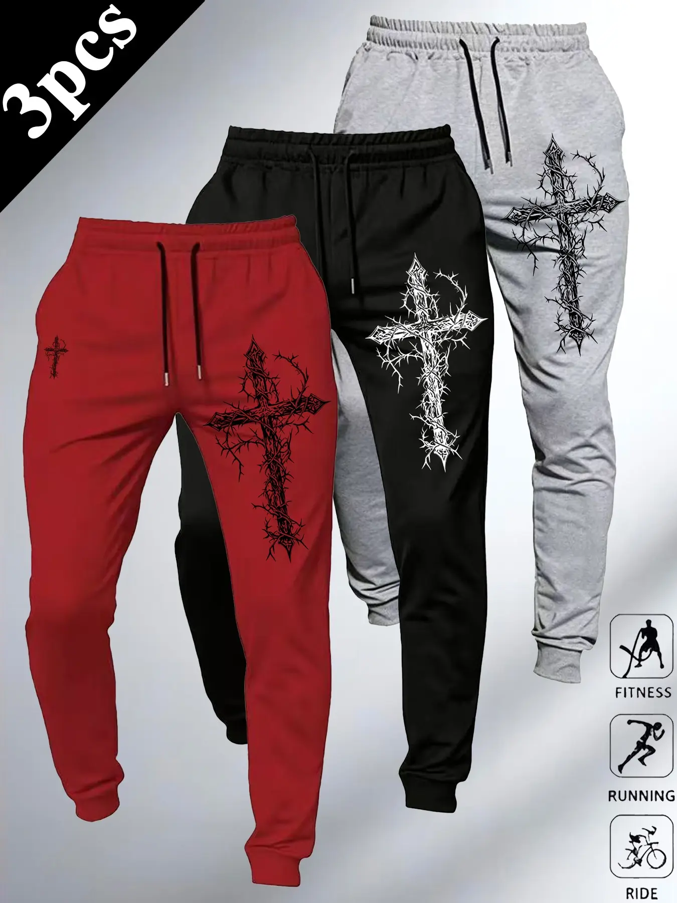 Men Streetwear Graphic Sweatpants, Thorn Cross Pattern Joggers, Elastic Cuff & Drawstring Waist, Soft Fabric Daily Casual Trousers