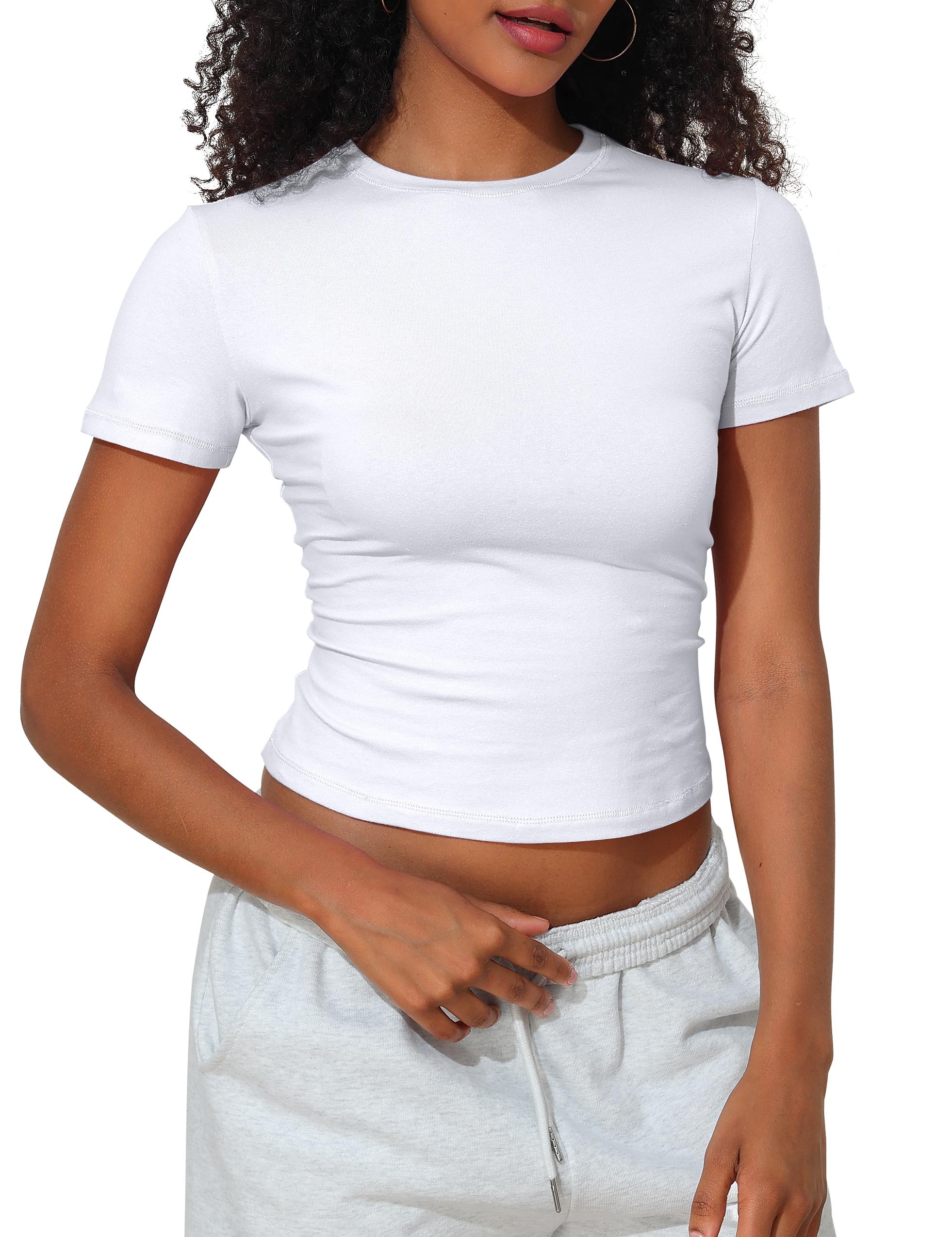 Hilor Women's Casual Basic T-Shirts Going Out Crop Tops Cotton Short Sleeve Tees Tight Fitted Crewneck T Shirts